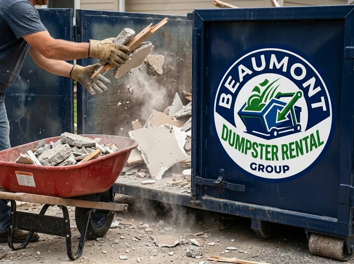Wheelbarrow of broken concrete and lath being loaded into a roll-off container in Beaumont, Texas