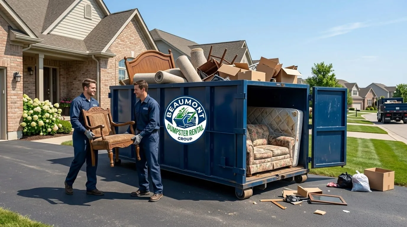 Crew loading bulky furniture and timber into a roll-off container in Beaumont, Texas
