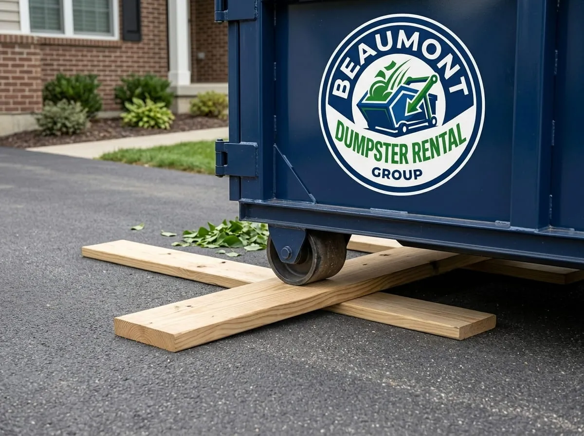 Close-up of a roll-off dumpster resting on timber protection boards on a driveway