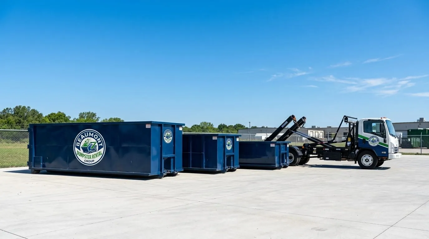 Beaumont Dumpster Rental Group roll-off truck fleet serving Jefferson County and the surrounding region Beaumont Dumpster Rental Group roll-off truck fleet serving Jefferson County and the surrounding region