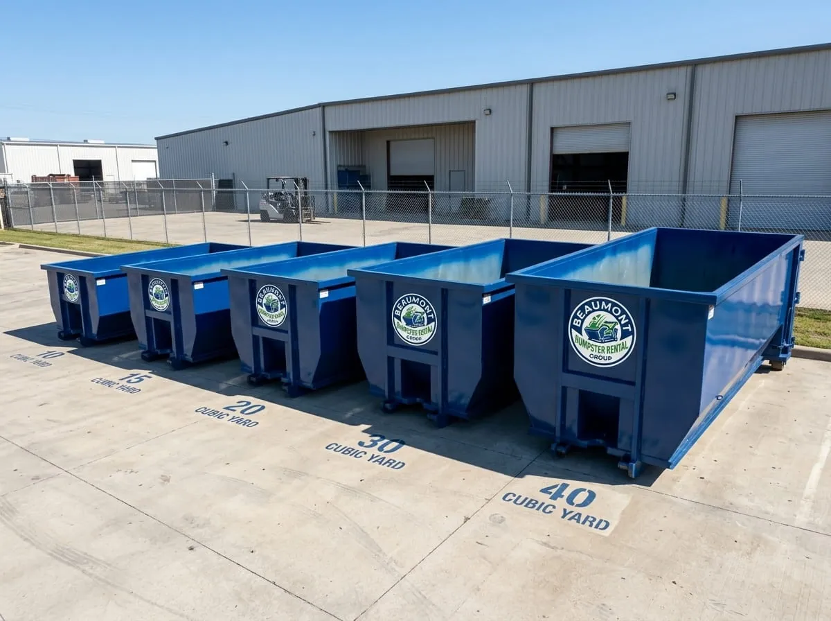 Roll-off containers marked by cubic yard lined up in Beaumont, Texas