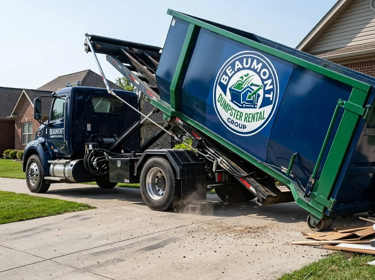 Roll-off truck delivering a dumpster to a residential address in Beaumont, TX