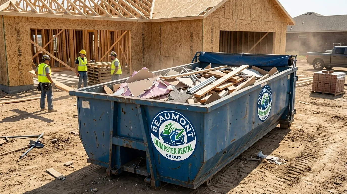 Roll-off container collecting debris at a house under construction in Beaumont, Texas